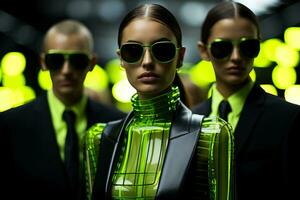 Futuristic models in sleek monochrome suits reflecting sci-fi chic on a neon grid runway photo