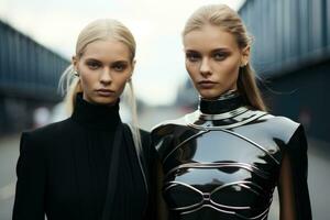 Androgynous futuristic models flaunting metallic minimalist fashion contrasted against monochrome urban backdrops photo