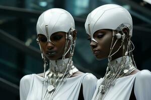 Cybernetic women dressed in minimalist metallic attire oozing avant-garde futurism in a monochromatic setting photo