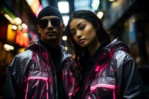 Stylish cyborgs in reflective apparel posing amidst neon-lit urban architecture photo