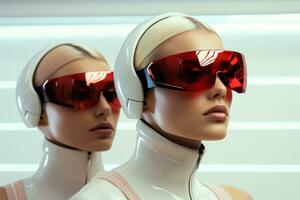 Glamorous androids in futuristic fashion accentuated with minimalist space-age accessories photo