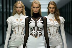 Cybernetic models strutting in sleek monochrome ensembles exuding futuristic elegance photo