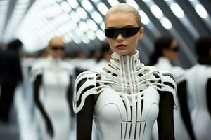 Cybernetic models strutting in sleek monochrome ensembles exuding futuristic elegance photo