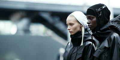 Edgy cybernetic models bringing industrial minimalism to life in a stark futuristic setting photo