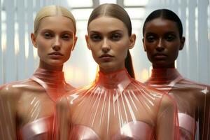 Models in holographic minimalism posing in a sparse futuristically sterile yet striking backdrop photo