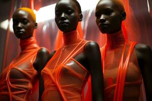 Models draped in neon mesh fabric strike bold poses in monochromatic geometric studios photo