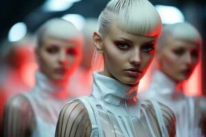 Ethereal models garbed in LED-lit attire embodying a futuristic minimalist style against glowing backgrounds photo