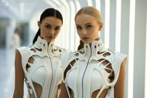 Futuristic women in monochrome outfits showcasing cybernetic innovation through minimalist fashion aesthetics photo