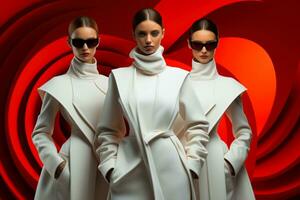 Futuristic fashionistas in avant-garde attire striking dramatic poses in minimalist geometry-inspired surroundings photo