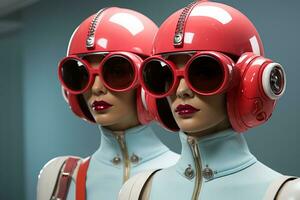 Radically chic robots embracing avant-garde fashion accented by minimalist space age accessories photo