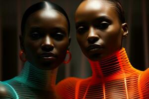Models draped in neon mesh fabric strike bold poses in monochromatic geometric studios photo
