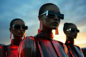 Cyber fashion models don sleek futuristic silhouettes against stark neon landscapes photo