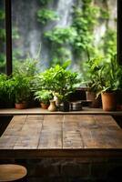 Cafe table with green leaves with a place for text photo