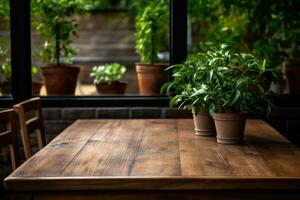 café mesa con verde hojas con un sitio para texto foto