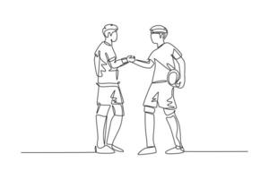 Single one line drawing two football player bring ball and handshaking to show sportsmanship before starting the match. Respect in soccer sport. Continuous line draw design graphic vector illustration