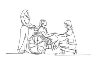 Single continuous line drawing young doctor visiting and handshaking the old patient with wheelchair in hospital. Health care service concept. Dynamic one line draw graphic design vector illustration