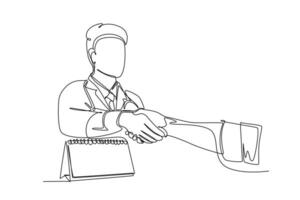 Continuous one line drawing young smart doctor handshake the patient in hospital after running test on lab. Healthcare medical check up treatment. Single line draw design vector graphic illustration