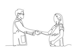 Continuous one line drawing obstetrician and gynecologist doctor handshake and congratulate a young happy pretty pregnant mom about her pregnancy. Single line draw design vector graphic illustration