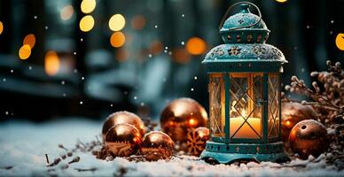 Christmas lamp with burning candle standing on fresh snow, blurred bokeh background - AI generated image photo