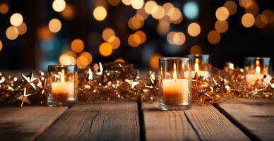 Christmas burning candle, blurred bokeh background, New Year - AI generated image photo