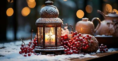Christmas lamp with burning candle standing on fresh snow, blurred bokeh background - AI generated image photo