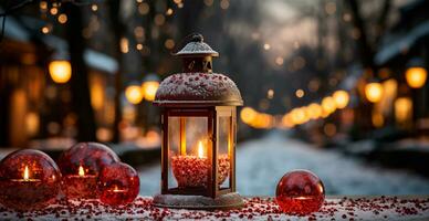 Christmas lamp with burning candle standing on fresh snow, blurred bokeh background - AI generated image photo