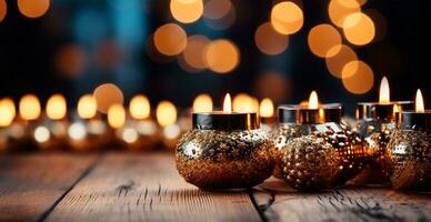 Christmas burning candle, blurred bokeh background, New Year - AI generated image photo