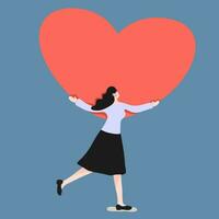 Woman embracing a big red heart vector