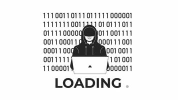 Cyber attacker typing on laptop bw loading animation. Fraudulent hacker spying outline 2D cartoon character 4K video loader motion graphic. IT protection animated gif isolated on white background