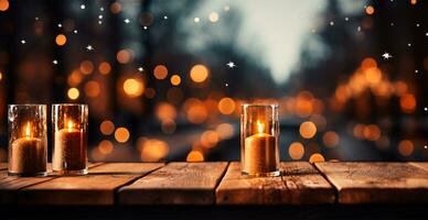 Christmas burning candle, blurred bokeh background, New Year - AI generated image photo