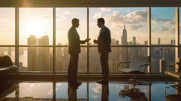 Two businessmen are shown shaking hands in front of a beautiful city skyline at dusk. photo