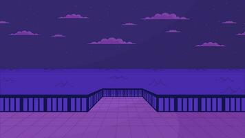 Pier at night cartoon animation. Quay water. Atmospheric landscape 4K video motion graphic. Skyline nighttime. Stars sea 2D animated background full frame, after hours aesthetic lofi live wallpaper