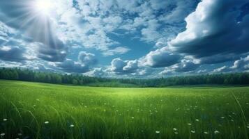 A scenic green grass field on hills under a clear blue sky. Filled with various grasses, it's used for pasturage and rural scenery. photo