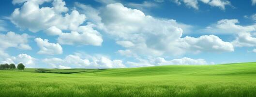 A scenic green grass field on hills under a clear blue sky. Filled with various grasses, it's used for pasturage and rural scenery. photo