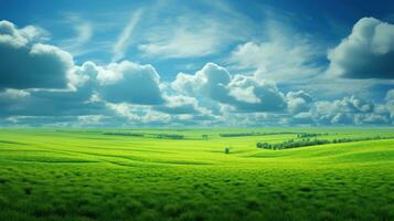 A scenic green grass field on hills under a clear blue sky. Filled with various grasses, it's used for pasturage and rural scenery. photo