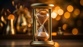 A sand clock with golden grains of sand captured mid-fall. The background is a soft, muted blend of earthy tones, complementing the color of the sand. photo