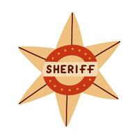 Hand drawn sheriff badge in the star shape in cartoon cute style. Golden hexagonal emblem of western police, sign of law, security and justice. Wild West and cowboy isolated symbol with shields vector