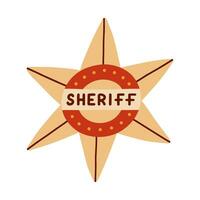 Hand drawn sheriff badge in the star shape in cartoon cute style. Golden hexagonal emblem of western police, sign of law, security and justice. Wild West and cowboy isolated symbol with shields vector