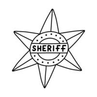 Sheriff badge doodle in the star shape with hand drawn outline. Cute emblem of western police, sign of law, security, justice. Wild West and cowboy symbol with golden elements isolated on background vector