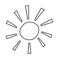 Cute hand drawn sun doodle with outline. Funny and trippy sunrise icon with shine ray in retro style of 60s, 70s. Sign of hot weather, sunlight, sunset. Trendy vector doodle isolated onbackground