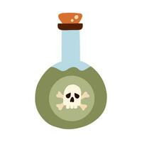 Simple hand drawn poison bottle with skull and bones mark on the label. Cute doodle of toxic, dangerous chemical liquid in cartoon style. Alchemy or magician beverage elixir in the flask or jar. vector