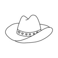 Cute hand drawn cowgirl hat doodle with outline. Sheriff girl hat with hearts in cowboy and cowgirl western theme. Simple colorful doodle for horse ranch and wild west style. Vector clipart