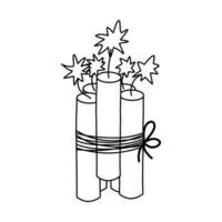 Pack of dynamite with lit fuse with hand drawn outline. Simple doodle sign of bomb, explosion, danger. Bundle of burning dynamite bomb stick. Vector doodle isolated on background. Symbol of Wild West.