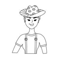 Hand drawn stylish young cowgirl wearing hat with sunflower pattern, t-shirt, retro suspenders. Cute doodle portrait of cow girl of Wild west theme. Vector western female character for print design.