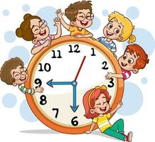 enseñando el concepto de tiempo.lindo niños reloj modelo ilustración.pequeño niños participación un reloj.niños con reloj. vector ilustración de un chico y un niña con relojes