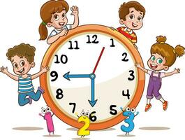 teaching the concept of time.Cute children clock template illustration.Little Children Holding A Clock.Children with clock. Vector illustration of a boy and a girl with clocks.