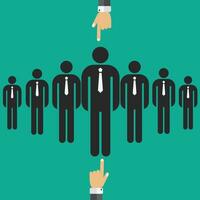 Choosing the best candidate for the job concept. Hand picking up a businessman from the row. Green background. Flat vector design