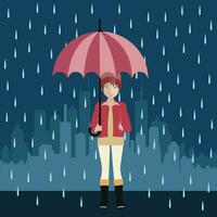 Girl with umbrella under the rain. Big city silhouette on the background. Flat vector illustration of Autumn.