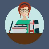 Librarian girl with books vector. Knowledge, education, learning, library, bookshelves flat design vector illustration