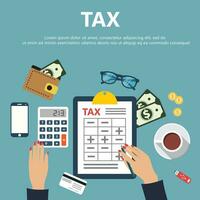 Tax payment. Government, state taxes. Data analysis, paperwork, financial research, report. Businessman calculation tax return. Flat design. Tax form vector. Payment of debt. vector